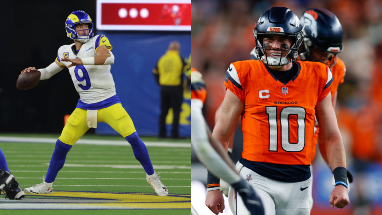 side by side photo of los angeles rams quarterback matthew stafford alongside denver broncos quarterback bo nix in the 2025 season.