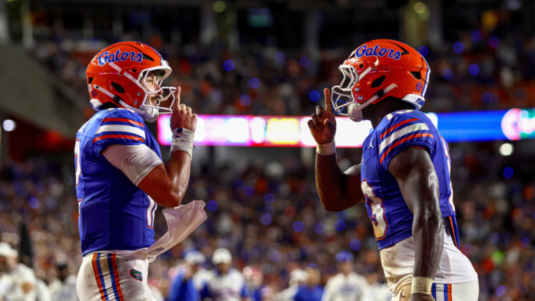 Jadan Baugh #13 of the Florida Gators celebrates a touchdown with Aaron Philo #12 of the Florida Gators in the first half of the game between the Florida Gators and Florida Atlantic Owls at Ben Hill Griffin Stadium on September 05, 2026 in Gainesville, Florida.