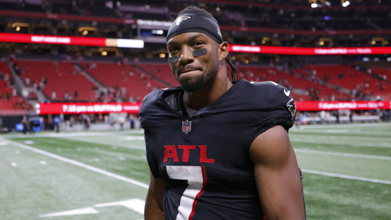 Bijan Robinson #7 of the Atlanta Falcons looks on after defeating the Washington Commanders at Mercedes-Benz Stadium on September 28, 2025 in Atlanta, Georgia.