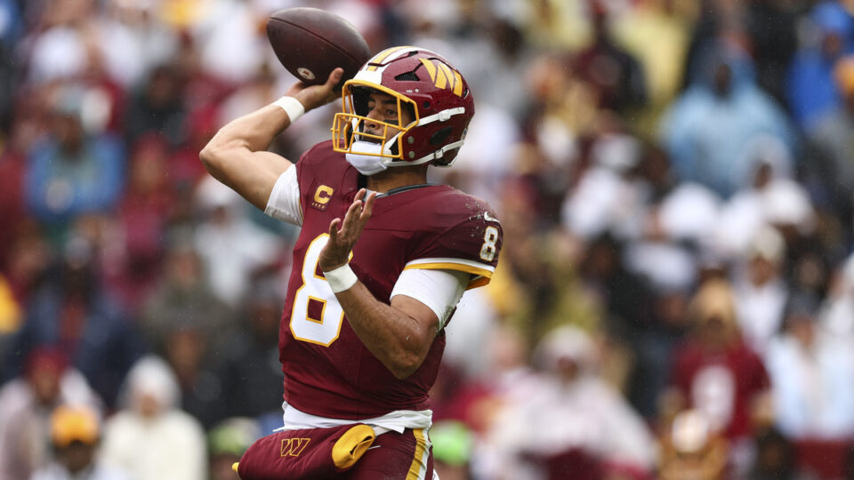 Marcus Mariota #8 of the Washington Commanders throws a pass during the first quarter of an NFL football game against the Seattle Seahawks at Northwest Stadium on September 27, 2026 in Landover, Maryland.
