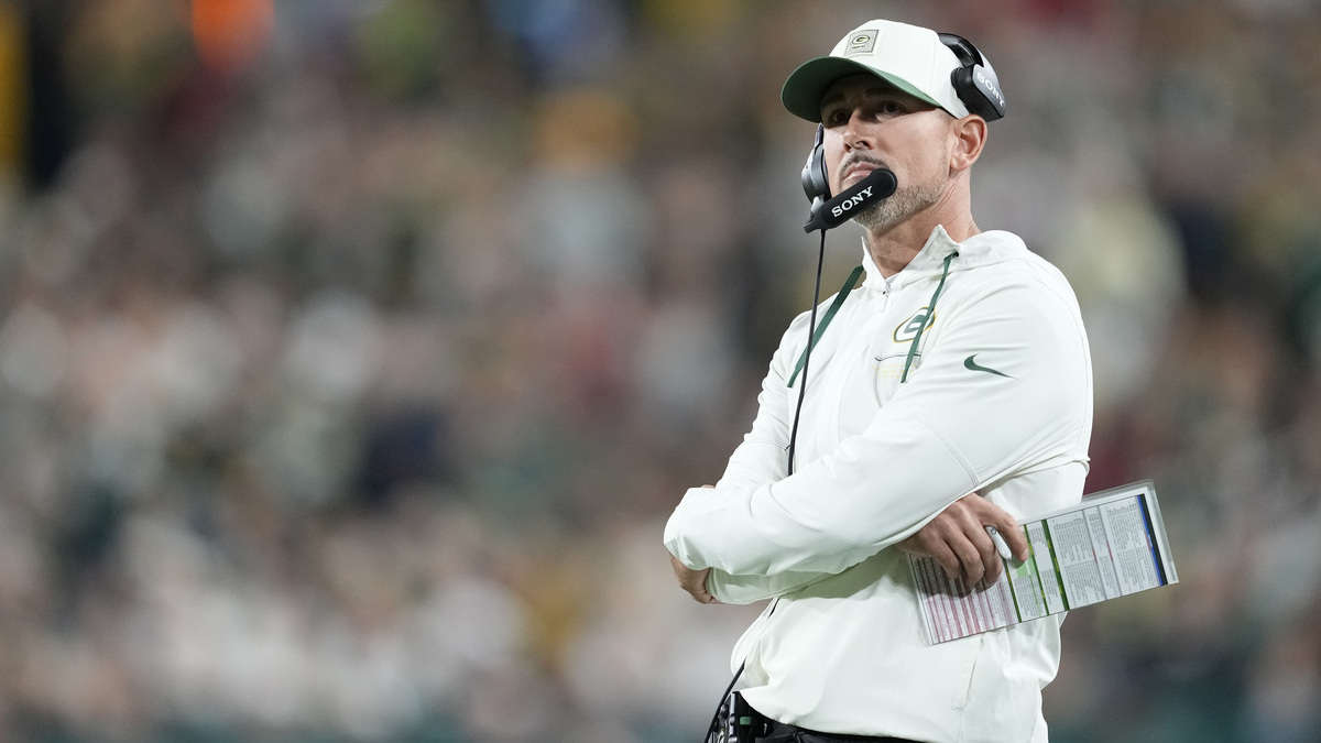 Head coach Matt LaFleur of the Green Bay Packers reacts against the Atlanta Falcons during the second quarter of the game at Lambeau Field on September 24, 2026 in Green Bay, Wisconsin.