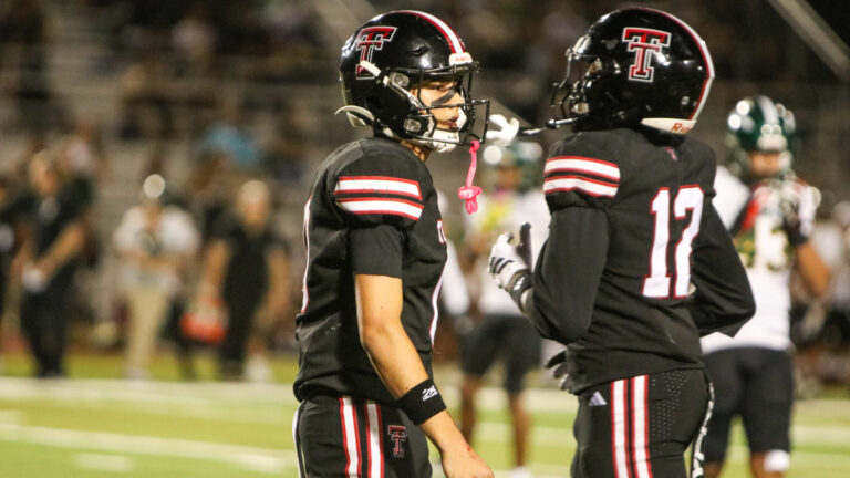 Tustin Tillers WR Hayden Koo (2028) looks to the sideline after a play in a game between Tustin and Damien at Tustin High School in Tustin, California on Sept. 11, 2026.