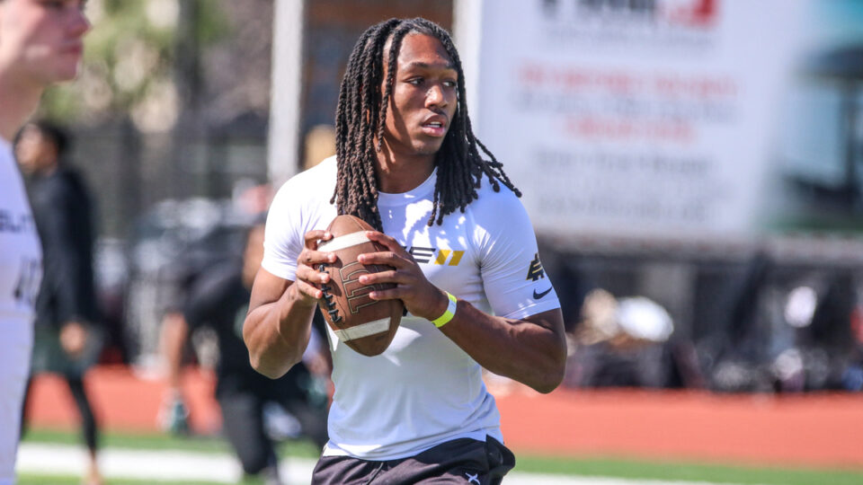 2029 quarterback Thaddeus Breaux looks to make a pass at the Elite 11 LA Regional on Feb. 21, 2026.