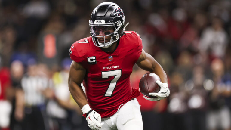 Bijan Robinson #7 of the Atlanta Falcons runs the ball during the third quarter of a game against the New Orleans Saints at Caesars Superdome on October 05, 2026 in New Orleans, Louisiana.