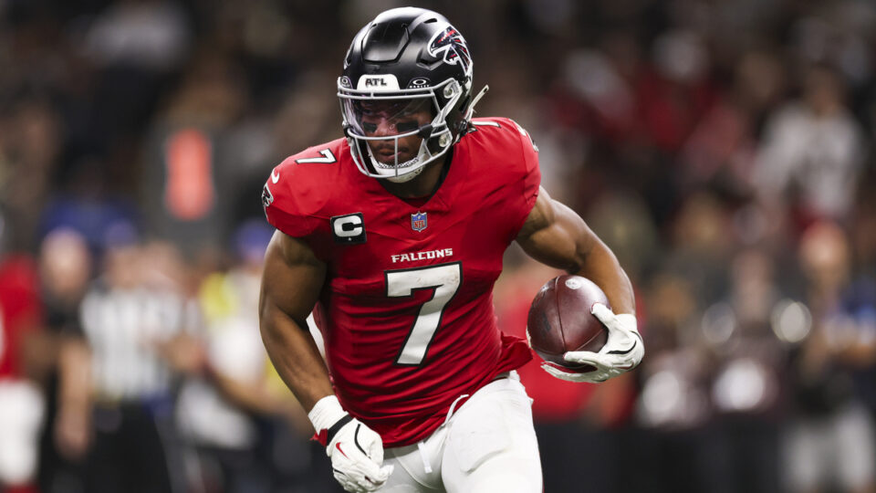 Bijan Robinson #7 of the Atlanta Falcons runs the ball during the third quarter of a game against the New Orleans Saints at Caesars Superdome on October 05, 2026 in New Orleans, Louisiana.