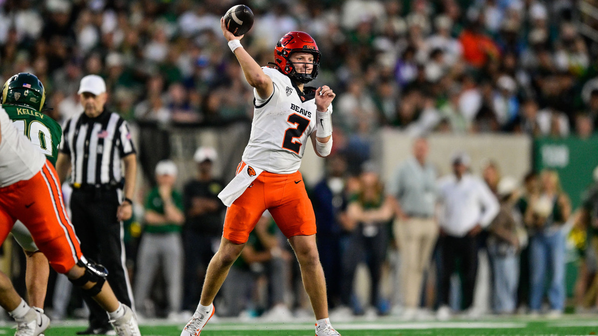 Braden Atkinson #2 of the Oregon State Beavers passes in the third quarter against the Colorado State Rams at Canvas Stadium on October 3, 2026 in Fort Collins, Colorado.