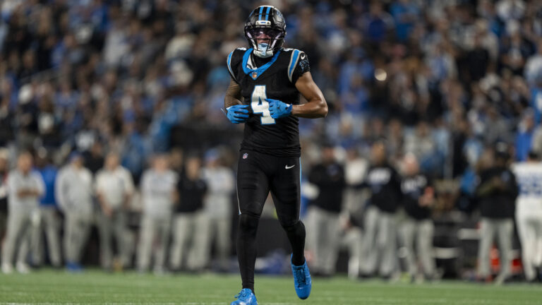 Tetairoa McMillan #4 of the Carolina Panthers runs against the Detroit Lions during an NFL football game at Bank of America Stadium on October 4, 2026 in Charlotte, North Carolina.