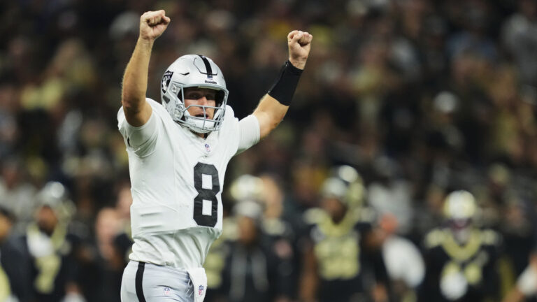 Kirk Cousins #8 of the Las Vegas Raiders celebrates after scoring a touchdown against the New Orleans Saints during the first half of the NFL football game at Cesars Superdome on September 27, 2026 in New Orleans, Louisiana.