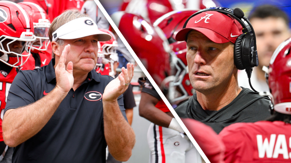Georgia Bulldogs head coach Kirby Smart claps his hands and Alabama Crimson Tide coach Kalen DeBoer talks to his team.