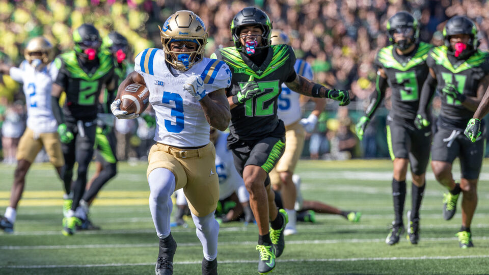 Wayne Knight #3 of the UCLA Bruins runs for a touchdown in the first half against the Oregon Ducks at Autzen Stadium on October 10, 2026 in Eugene, Oregon.