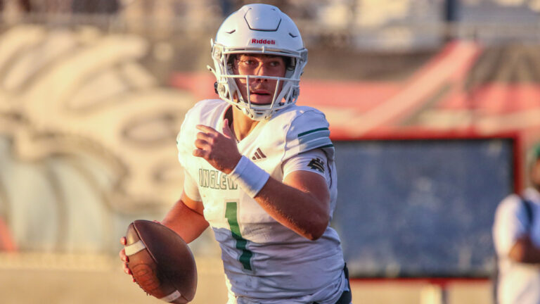 Inglewood quarterback Lincoln Jahn looks to make a pass during a game between Palos Verdes and Inglewood at Palos Verdes High School in Palos Verdes Estates, California on Oct. 9, 2026.