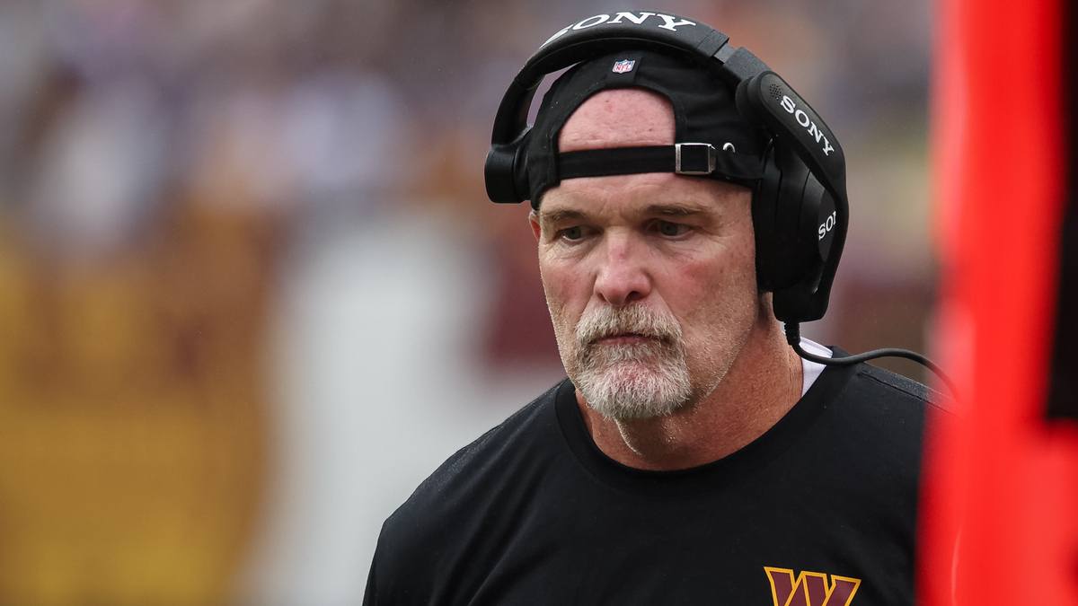 Head coach Dan Quinn of the Washington Commanders looks on against the New York Giants during the second half of the NFL game at Northwest Stadium on October 11, 2026 in Landover, Maryland.