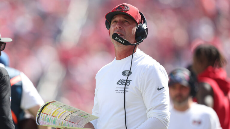 Head coach Kyle Shanahan of the San Francisco 49ers looks on from the sideline during the game against the Denver Broncos at Levi's Stadium on October 04, 2026 in Santa Clara, California.