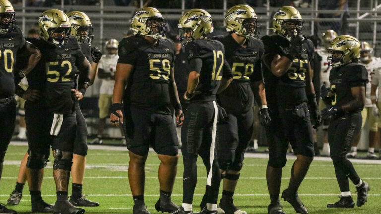 St. John Bosco quarterback Koa Malau’ulu (2028) looks to the sideline during a game between St. John Bosco and JSerra at Panish Family Stadium in Bellflower, California on Oct. 2, 2026.