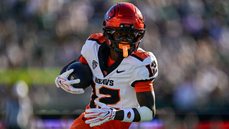 FORT COLLINS, COLORADO - OCTOBER 3: Jesse Legree #12 of the Oregon State Beavers runs before scoring a first quarter touchdown against the Colorado State Rams at Canvas Stadium on October 3, 2026 in Fort Collins, Colorado.