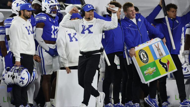 Will Stein the head coach of the Kentucky Wildcats celebrates in the 35 -34 OT win over the LSU Tigers at Kroger Field on October 10, 2026 in Lexington, Kentucky.
