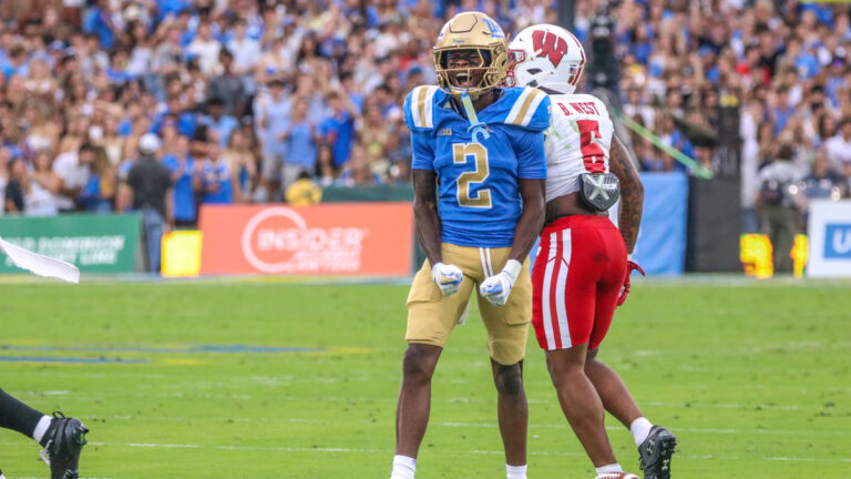UCLA receiver Brian Rowe Jr. celebrates after a catch in a game between No. 12 UCLA and Wisconsin at the Rose Bowl in Pasadena, California on Oct. 17, 2026.