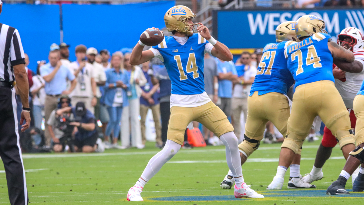 UCLA quarterback Ty Dieffenbach attemps a pass in a game between No. 12 UCLA and Wisconsin at the Rose Bowl in Pasadena, California on Oct. 17, 2026.