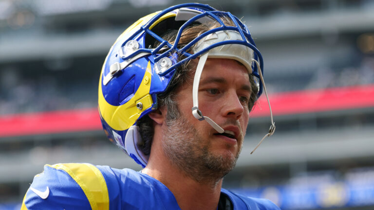 INGLEWOOD, CALIFORNIA - OCTOBER 18: Matthew Stafford #9 of the Los Angeles Rams looks on before a game against the Arizona Cardinals at SoFi Stadium on October 18, 2026 in Inglewood, California.