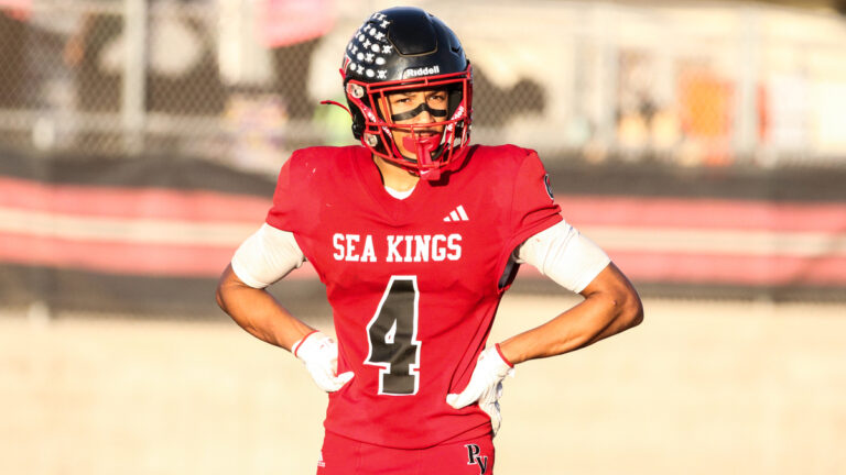 Palos Verdes two-way athlete Jalen Flowers (2028) look to the sideline during a game between Palos Verdes and Inglewood at Palos Verdes High School on Oct. 9, 2026.