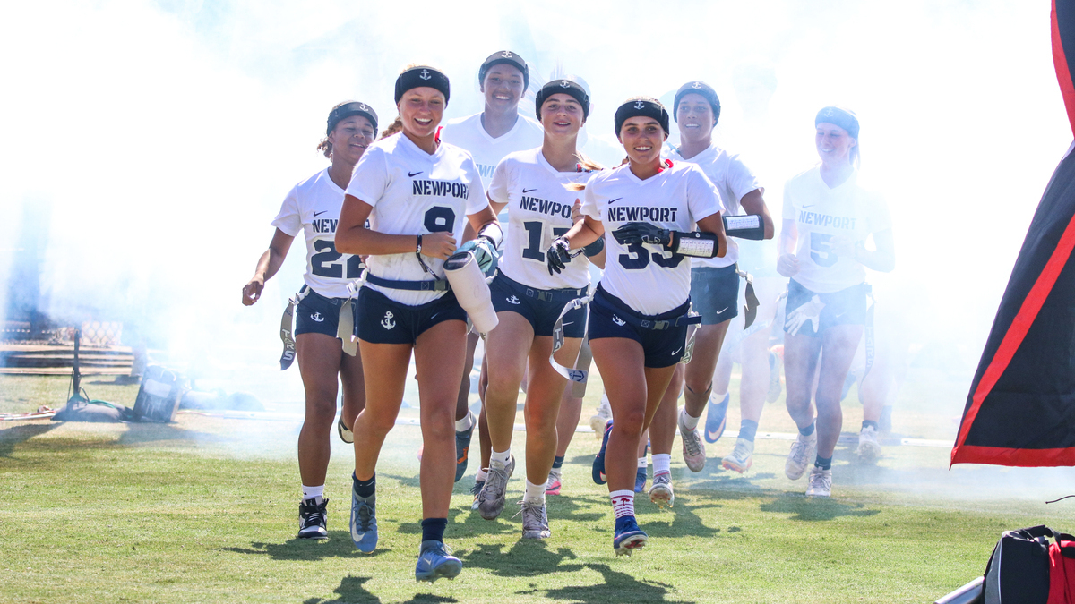 Newport Harbor flag football team runs out at the MaxPreps Flag Football Showdown at the Elite Athlete Training Center in Chula Vista, California on Sept. 12, 2026.