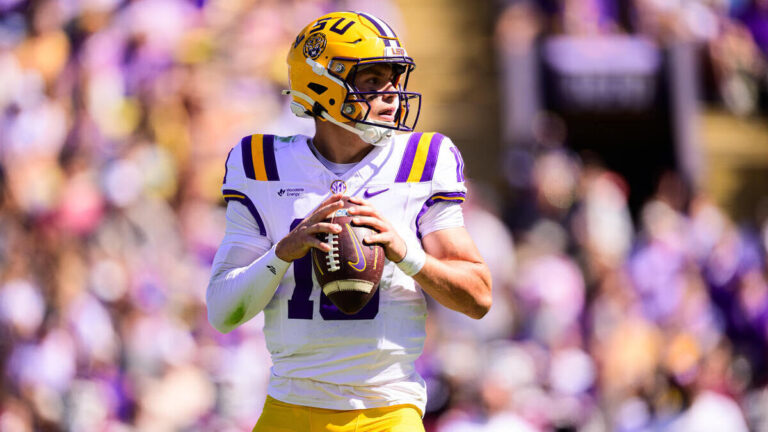 Sam Leavitt #10 of the LSU Tigers in action against the Mississippi State Bulldogs at Tiger Stadium on October 17, 2026 in Baton Rouge, Louisiana.