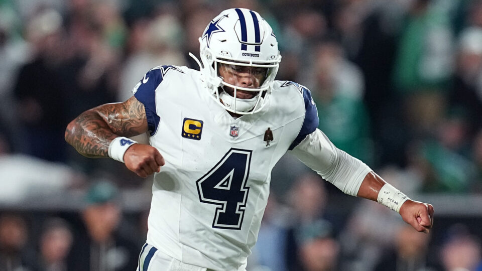 Dak Prescott #4 of the Dallas Cowboys celebrates a touchdown during the third quarter against the Philadelphia Eagles at Lincoln Financial Field on October 26, 2026 in Philadelphia, Pennsylvania.