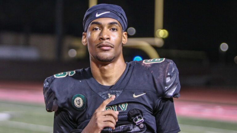 Long Beach Poly WR Zion Anderson poses for a photo on the field at Veterans Stadium in Long Beach, California following a game between Long Beach Poly and Long Beach Millikan on Oct. 11, 2025.