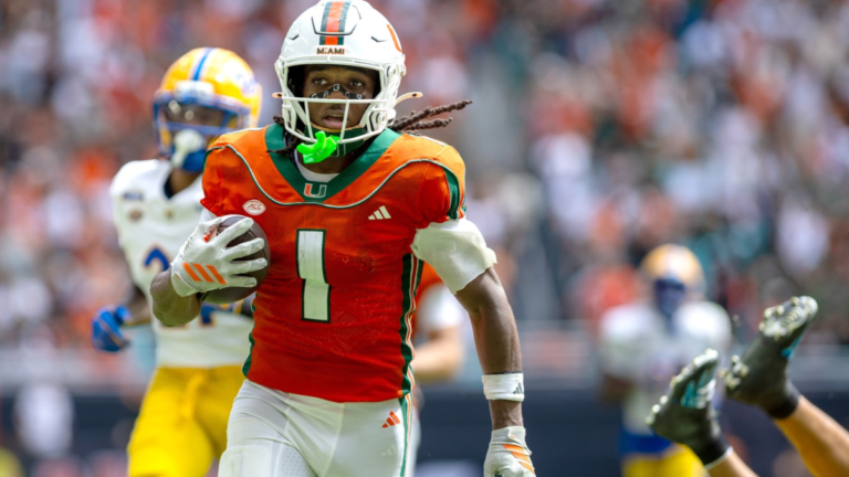 Malachi Toney #1 of the Miami Hurricanes scores a touchdown during the first half of a college football game against the Pittsburgh Panthers at Hard Rock Stadium on October 24, 2026 in Miami Gardens, Florida.