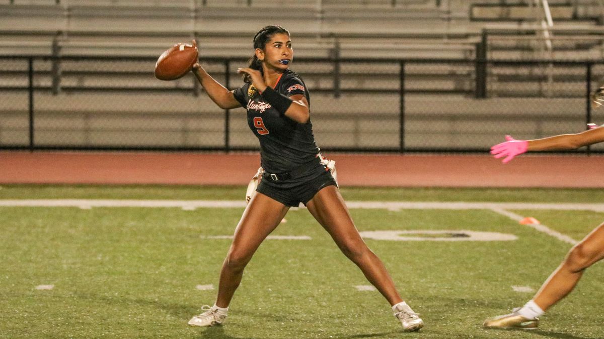 Huntington Beach QB Roxie Shaia attempts a pass in a CIF Southern Section Open Division flag football playoff game between Huntington Beach and Mater Dei at Cap Sheue Field in Huntington Beach, California on Oct. 28, 2026.